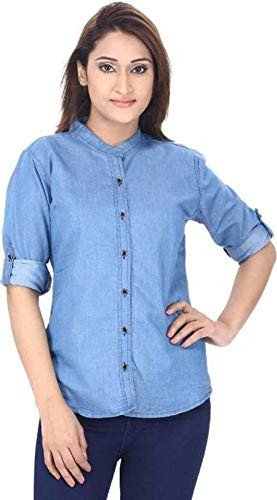 Denim V-Neck Shirt - Light Blue